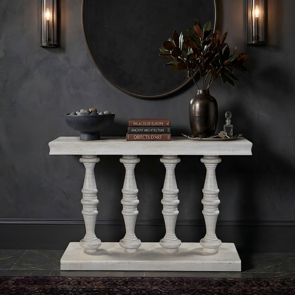 Console Table, 42-Inch Mango Wood Top, Shabby Chic Finish, Turned Pillar Legs - UPT-332348