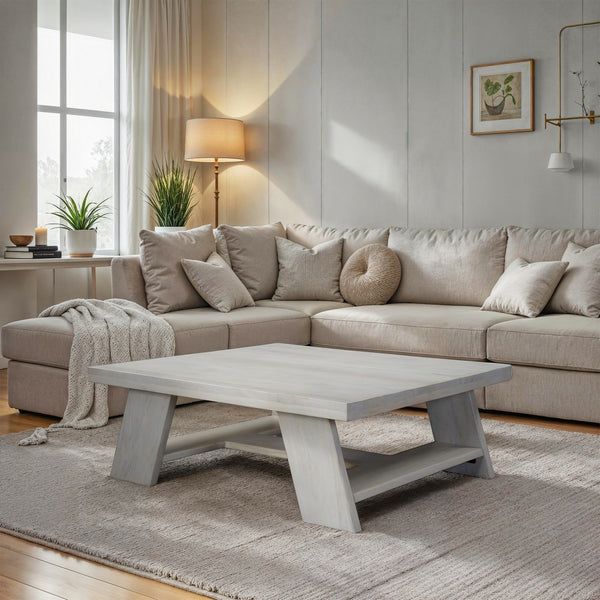 Aya 40" Square Coffee Table | Biscotti White Mango Wood | Bold Angled Legs - UPT-332349