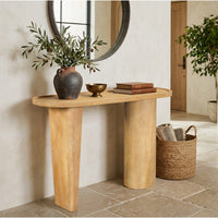 Sofa Console Table, 47 Inch Raised Edge Oval Shape Tray Top, Sandblasted Natural Brown Mango Wood - UPT-332350