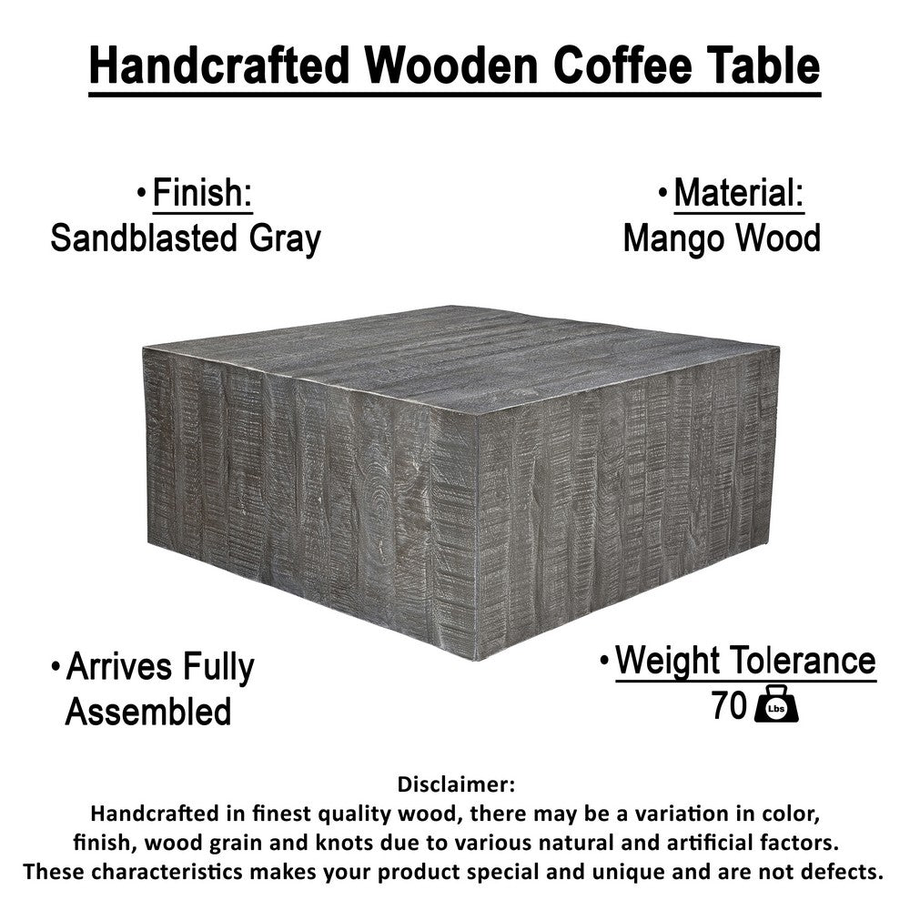 Rydan Coffee Table | 33 Inch Square Block Top | Sandblasted Gray Mango Wood  - UPT-332351