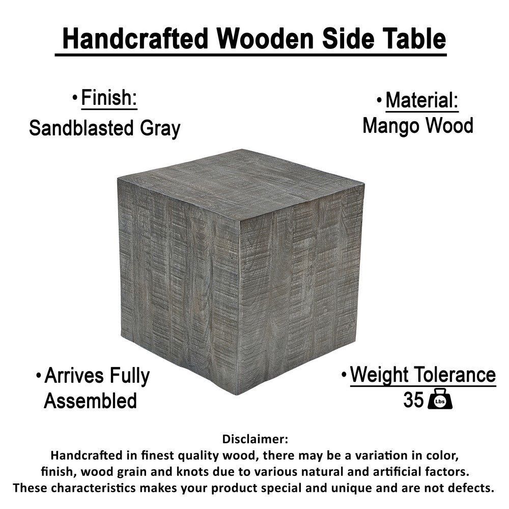 Rydan Side End Table | 19 Inch Square Block Top | Sandblasted Gray Mango Wood - UPT-332352
