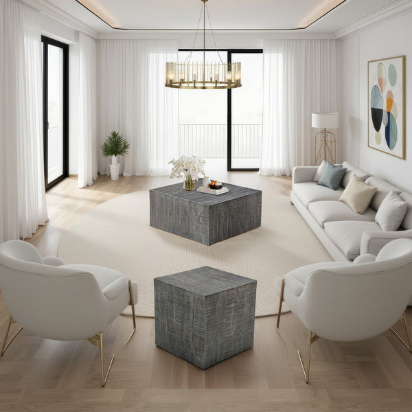 Rydan Side End Table | 19 Inch Square Block Top | Sandblasted Gray Mango Wood - UPT-332352
