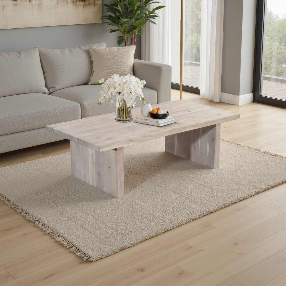 Nira Coffee Table | 48 Inch Rectangular Top | Handcrafted Washed White Acacia Wood | Panel Leg Base - UPT-332353