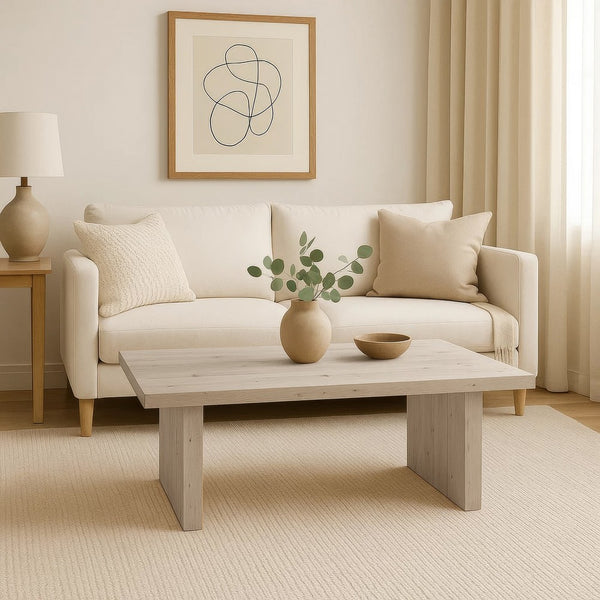 Nira Coffee Table | 48 Inch Rectangular Top | Handcrafted Washed White Acacia Wood | Panel Leg Base - UPT-332353