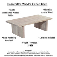 Nira Coffee Table | 48 Inch Rectangular Top | Handcrafted Washed White Acacia Wood | Panel Leg Base - UPT-332353