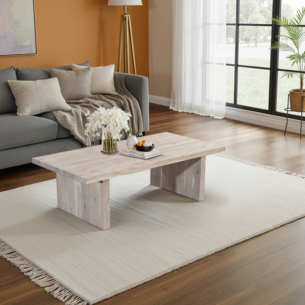 Nira Coffee Table | 48 Inch Rectangular Top | Handcrafted Washed White Acacia Wood | Panel Leg Base - UPT-332353