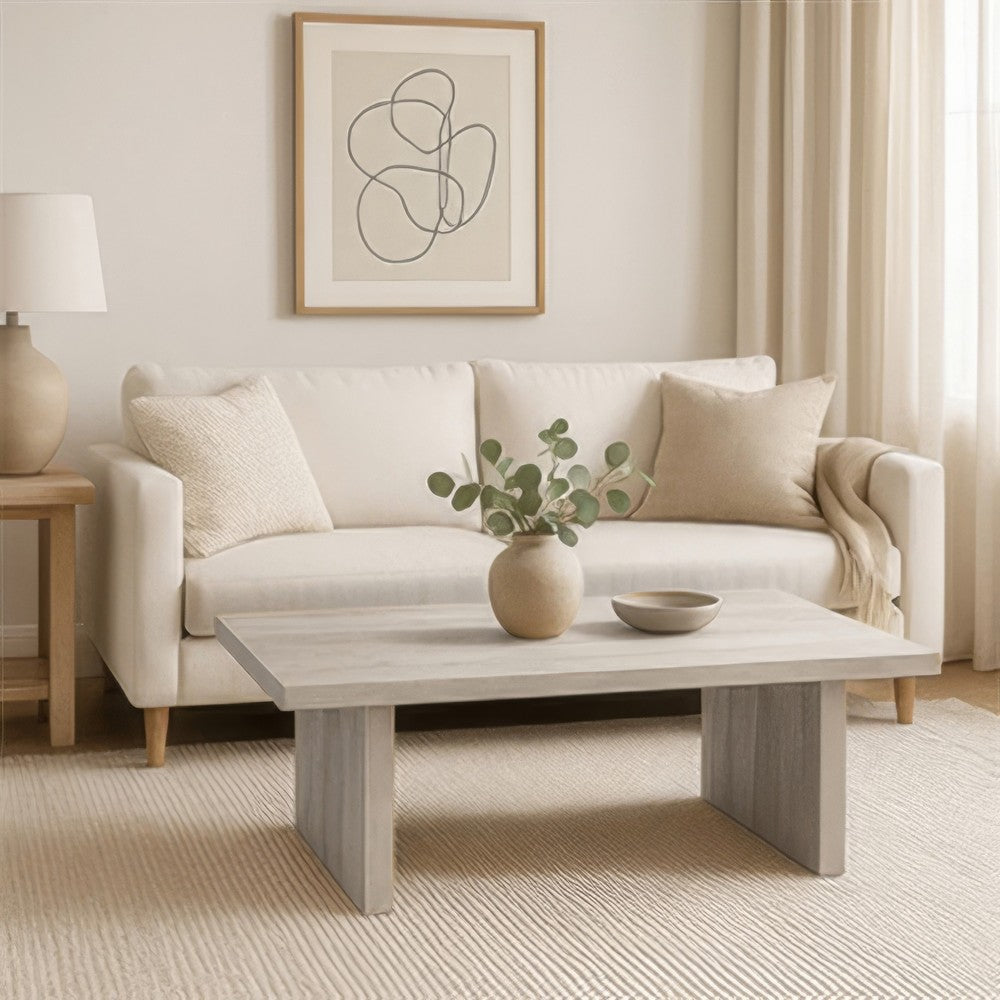 Nira Coffee Table | 48 Inch Rectangular Top | Handcrafted Washed White Acacia Wood | Panel Leg Base - UPT-332353