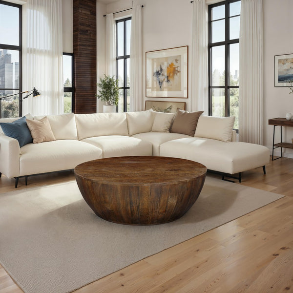 Arthur Coffee Table | 35.5" Round Top | Drum Shaped Sandblasted Walnut Brown Mango Wood - UPT-332354