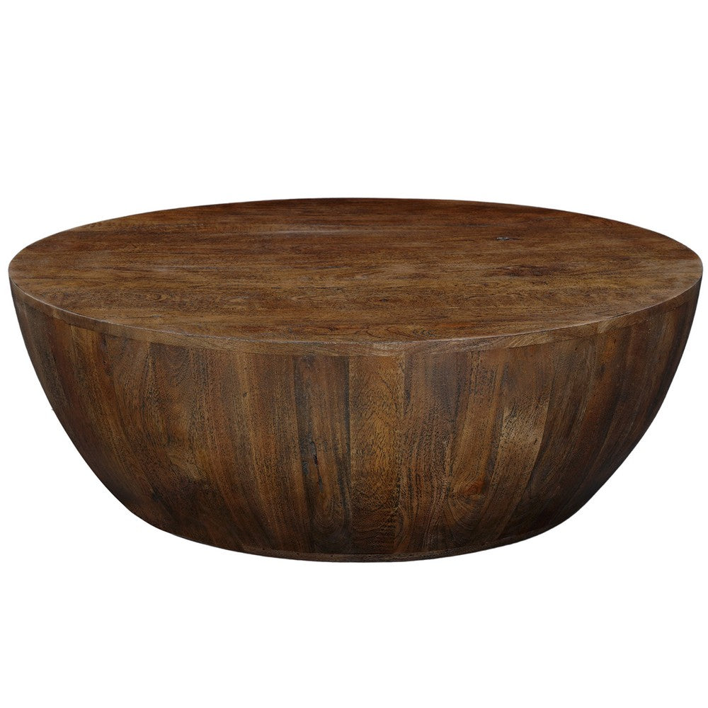 Arthur Coffee Table | 35.5" Round Top | Drum Shaped Sandblasted Walnut Brown Mango Wood - UPT-332354