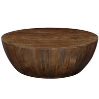 Arthur Coffee Table | 35.5" Round Top | Drum Shaped Sandblasted Walnut Brown Mango Wood - UPT-332354