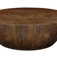 Arthur Coffee Table | 35.5" Round Top | Drum Shaped Sandblasted Walnut Brown Mango Wood - UPT-332354