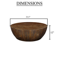 Arthur Coffee Table | 35.5" Round Top | Drum Shaped Sandblasted Walnut Brown Mango Wood - UPT-332354