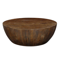 Arthur Coffee Table | 35.5" Round Top | Drum Shaped Sandblasted Walnut Brown Mango Wood - UPT-332354