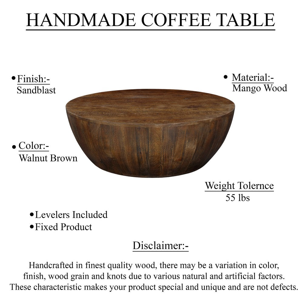Arthur Coffee Table | 35.5" Round Top | Drum Shaped Sandblasted Walnut Brown Mango Wood - UPT-332354