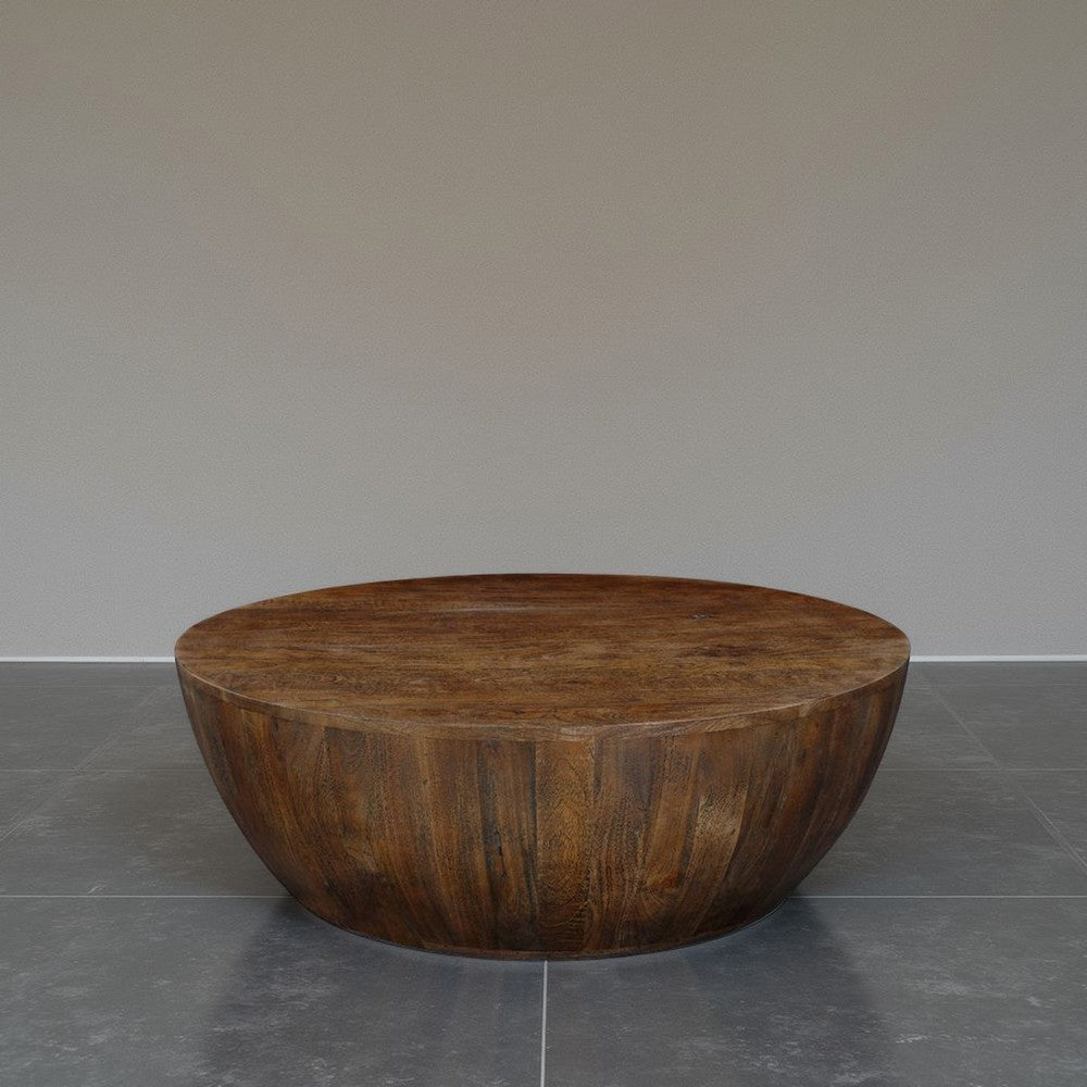 Arthur Coffee Table | 35.5" Round Top | Drum Shaped Sandblasted Walnut Brown Mango Wood - UPT-332354