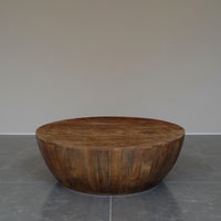 Arthur Coffee Table | 35.5" Round Top | Drum Shaped Sandblasted Walnut Brown Mango Wood - UPT-332354