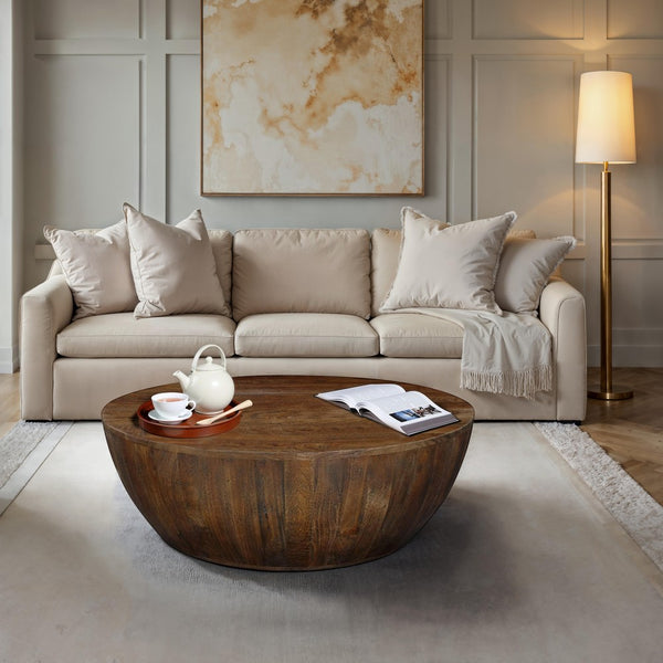 Arthur Coffee Table | 35.5" Round Top | Drum Shaped Natural Brown Mango Wood - UPT-332354
