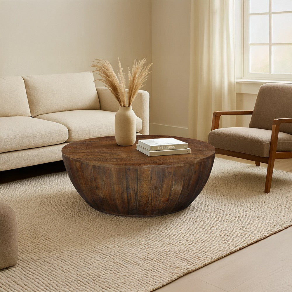 Arthur Coffee Table | 35.5" Round Top | Drum Shaped Sandblasted Walnut Brown Mango Wood - UPT-332354