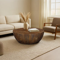 Arthur Coffee Table | 35.5" Round Top | Drum Shaped Sandblasted Walnut Brown Mango Wood - UPT-332354