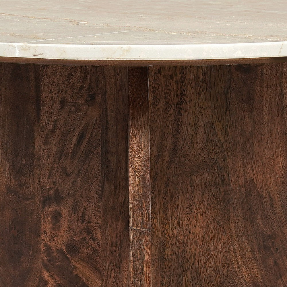 Kali Coffee Table | 27" Natural Round Marble Tabletop | Dark Brown Mango Wood Sculptural Base - UPT-332355