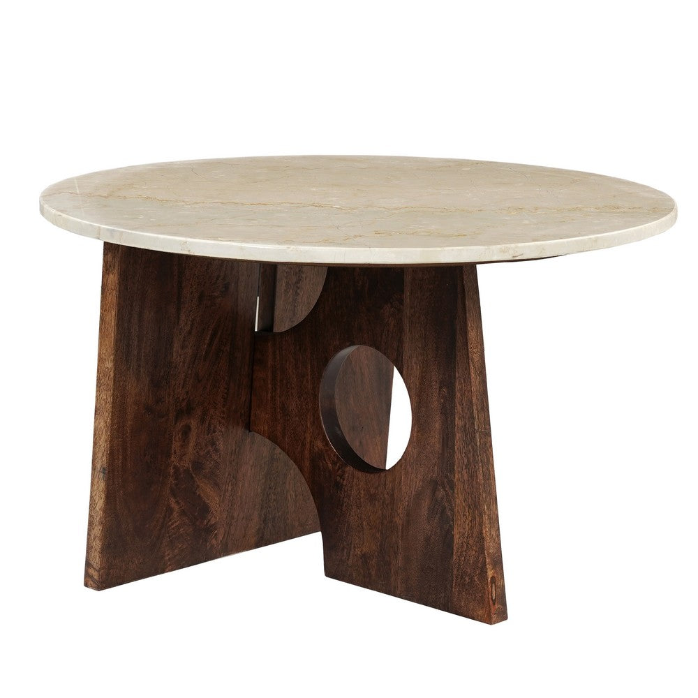 Kali Coffee Table | 27" Natural Round Marble Tabletop | Dark Brown Mango Wood Sculptural Base - UPT-332355