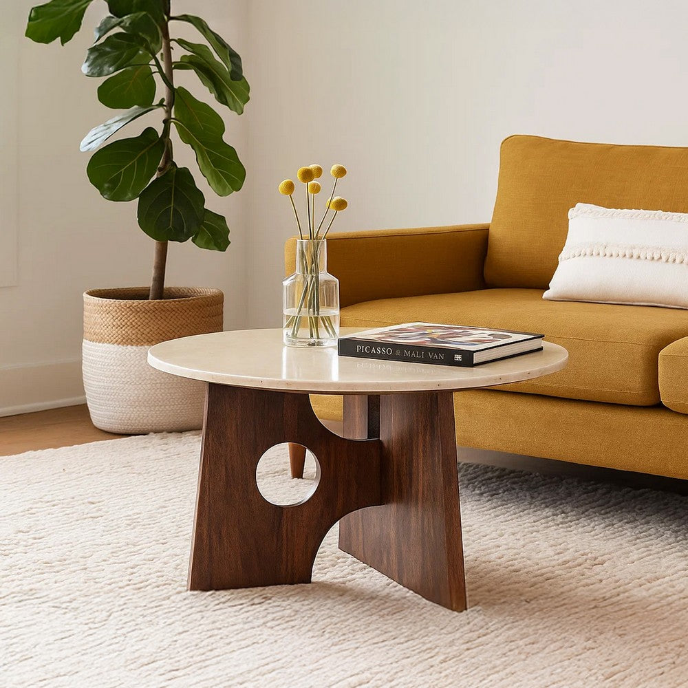 Kali Coffee Table | 27" Natural Round Marble Tabletop | Dark Brown Mango Wood Sculptural Base - UPT-332355