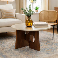 Kali Coffee Table | 27" Natural Round Marble Tabletop | Dark Brown Mango Wood Sculptural Base - UPT-332355