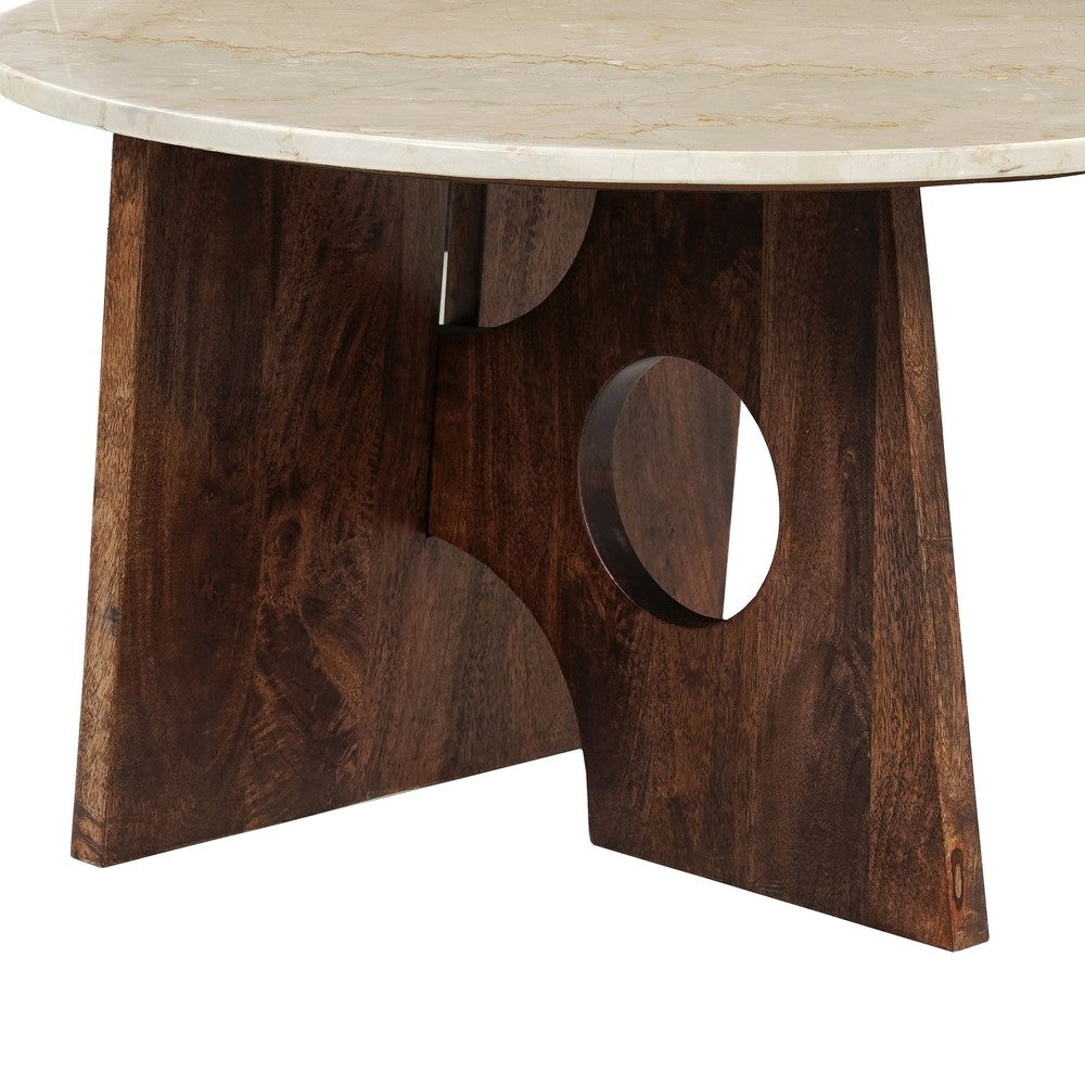 Kali Coffee Table | 27" Natural Round Marble Tabletop | Dark Brown Mango Wood Sculptural Base - UPT-332355