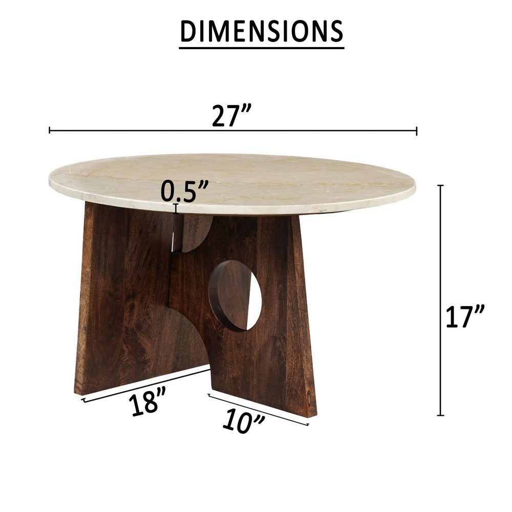 Kali Coffee Table | 27" Natural Round Marble Tabletop | Dark Brown Mango Wood Sculptural Base - UPT-332355