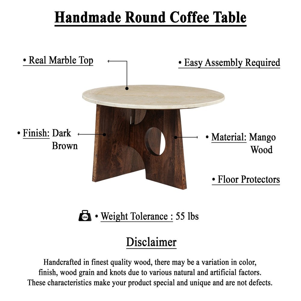 Kali Coffee Table | 27" Natural Round Marble Tabletop | Dark Brown Mango Wood Sculptural Base - UPT-332355