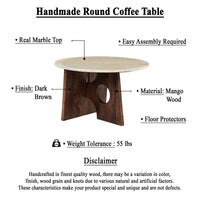 Kali Coffee Table | 27" Natural Round Marble Tabletop | Dark Brown Mango Wood Sculptural Base - UPT-332355