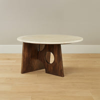 Kali Coffee Table | 27" Natural Round Marble Tabletop | Dark Brown Mango Wood Sculptural Base - UPT-332355