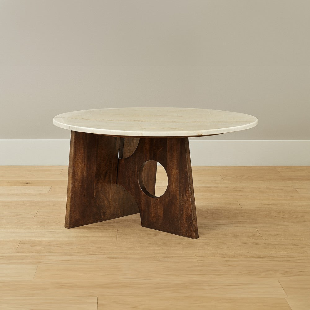 Kali Coffee Table | 27" Natural Round Marble Tabletop | Dark Brown Mango Wood Sculptural Base - UPT-332355