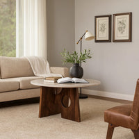 Kali Coffee Table | 27" Natural Round Marble Tabletop | Dark Brown Mango Wood Sculptural Base - UPT-332355