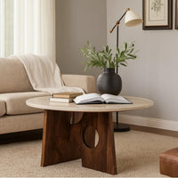 Kali Coffee Table | 27" Natural Round Marble Tabletop | Dark Brown Mango Wood Sculptural Base - UPT-332355
