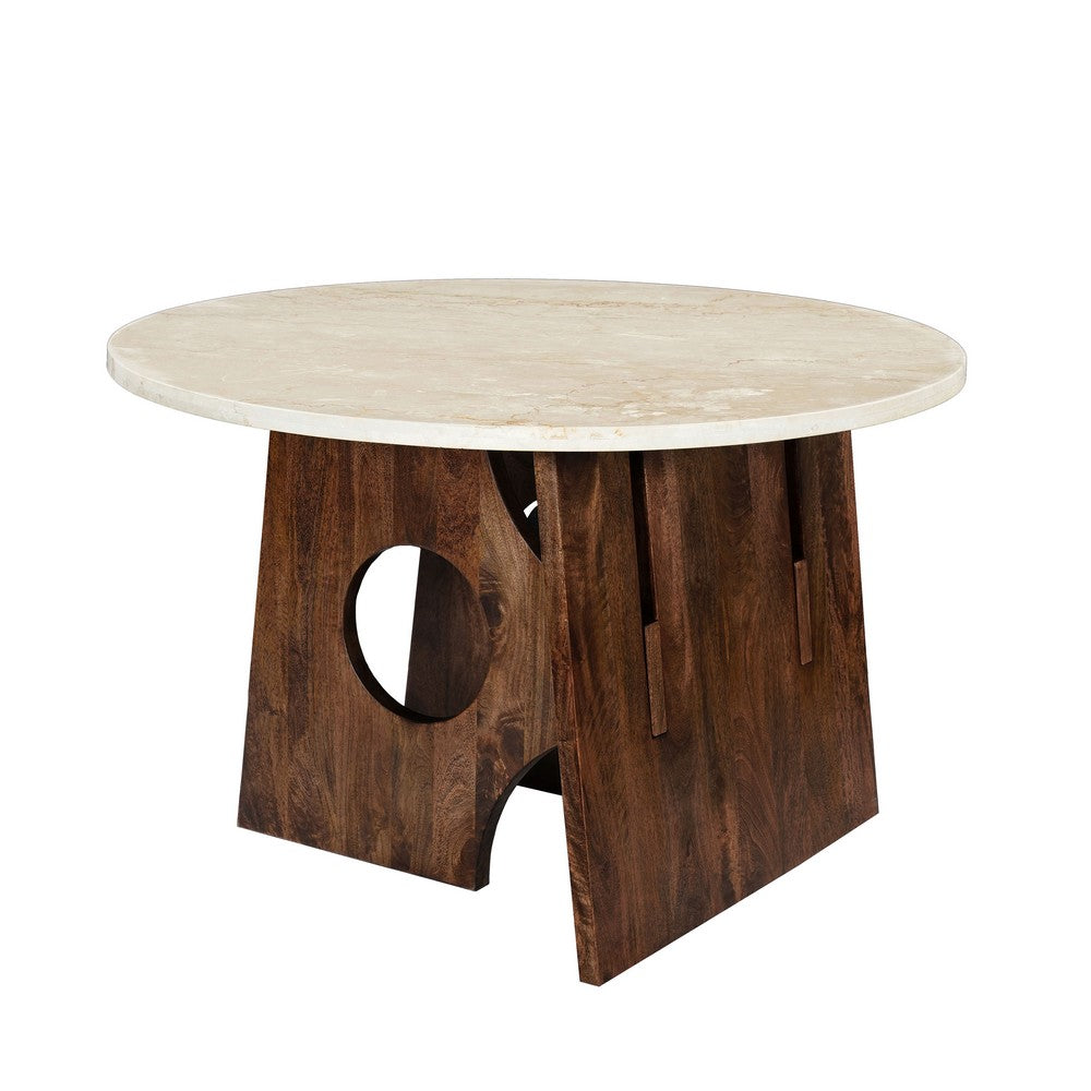 Tara Dining Table | 48 Inch Round Botticino Italian White Marble Top | Walnut Brown Artisan Base - UPT-332356