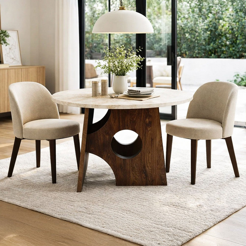 Tara Dining Table | 48 Inch Round Botticino Italian White Marble Top | Walnut Brown Artisan Base - UPT-332356