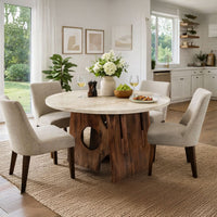 Tara Dining Table | 48 Inch Round Botticino Italian White Marble Top | Walnut Brown Artisan Base- UPT-332356