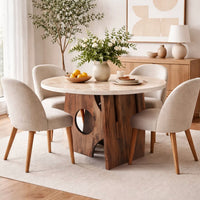Tara Dining Table | 48 Inch Round Botticino Italian White Marble Top | Walnut Brown Artisan Base- UPT-332356