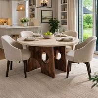 Tara Dining Table | 48 Inch Round Botticino Italian White Marble Top | Walnut Brown Artisan Base- UPT-332356
