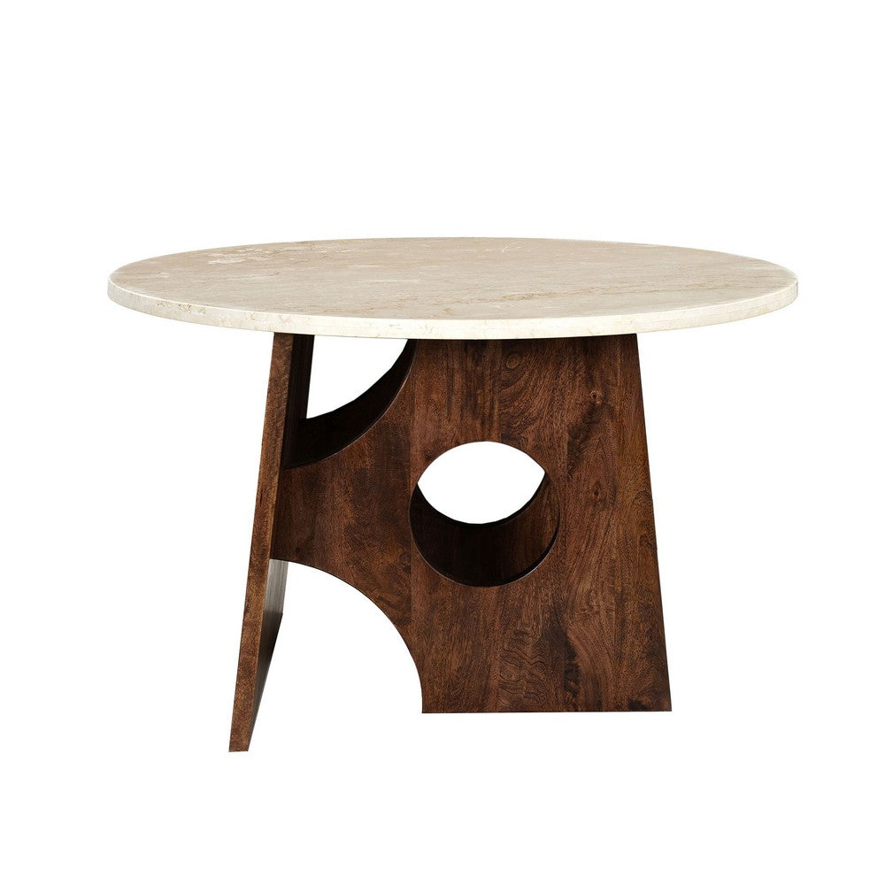 Tara Dining Table | 48 Inch Round Botticino Italian White Marble Top | Walnut Brown Artisan Base- UPT-332356