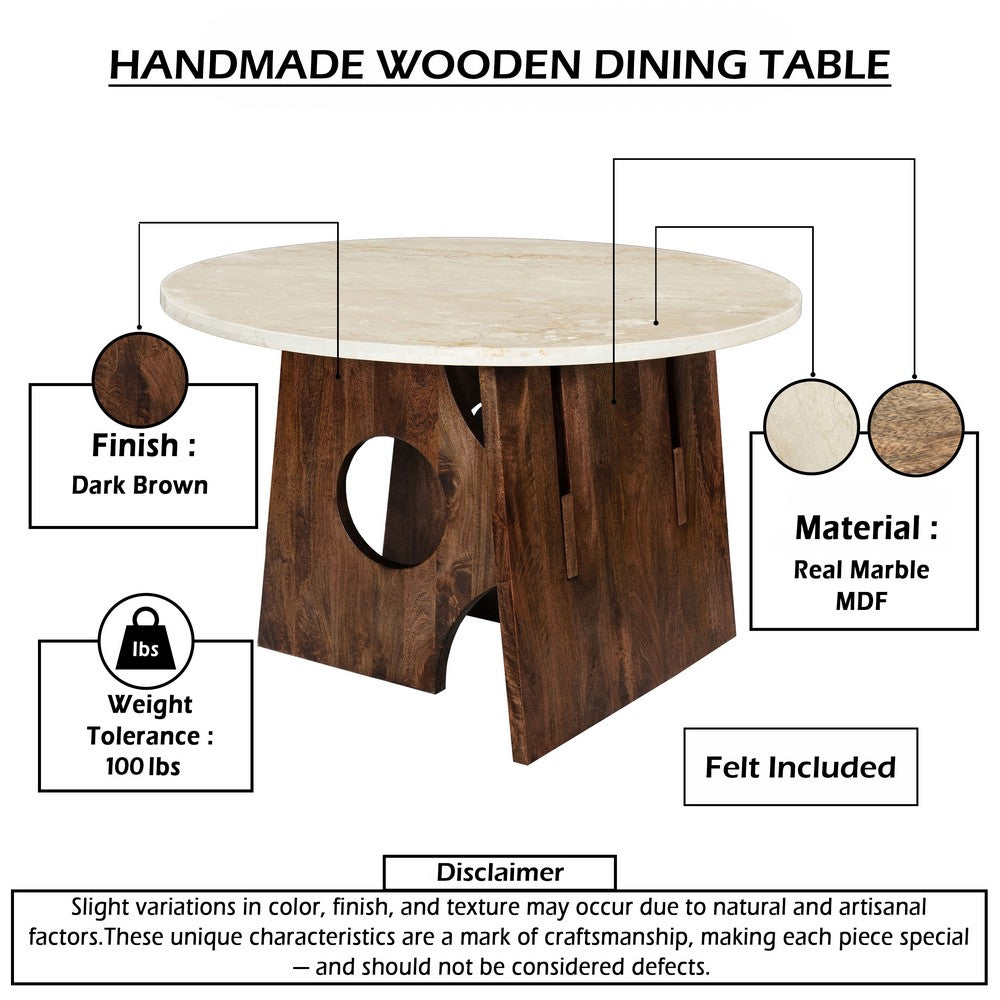 Tara Dining Table | 48 Inch Round Botticino Italian White Marble Top | Walnut Brown Artisan Base - UPT-332356