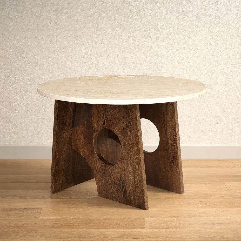 Tara Dining Table | 48 Inch Round Botticino Italian White Marble Top | Walnut Brown Artisan Base- UPT-332356