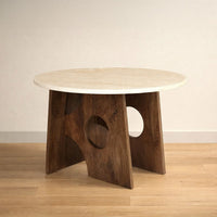 Tara Dining Table | 48 Inch Round Botticino Italian White Marble Top | Walnut Brown Artisan Base- UPT-332356