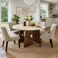 Tara Dining Table | 48 Inch Round Botticino Italian White Marble Top | Walnut Brown Artisan Base- UPT-332356