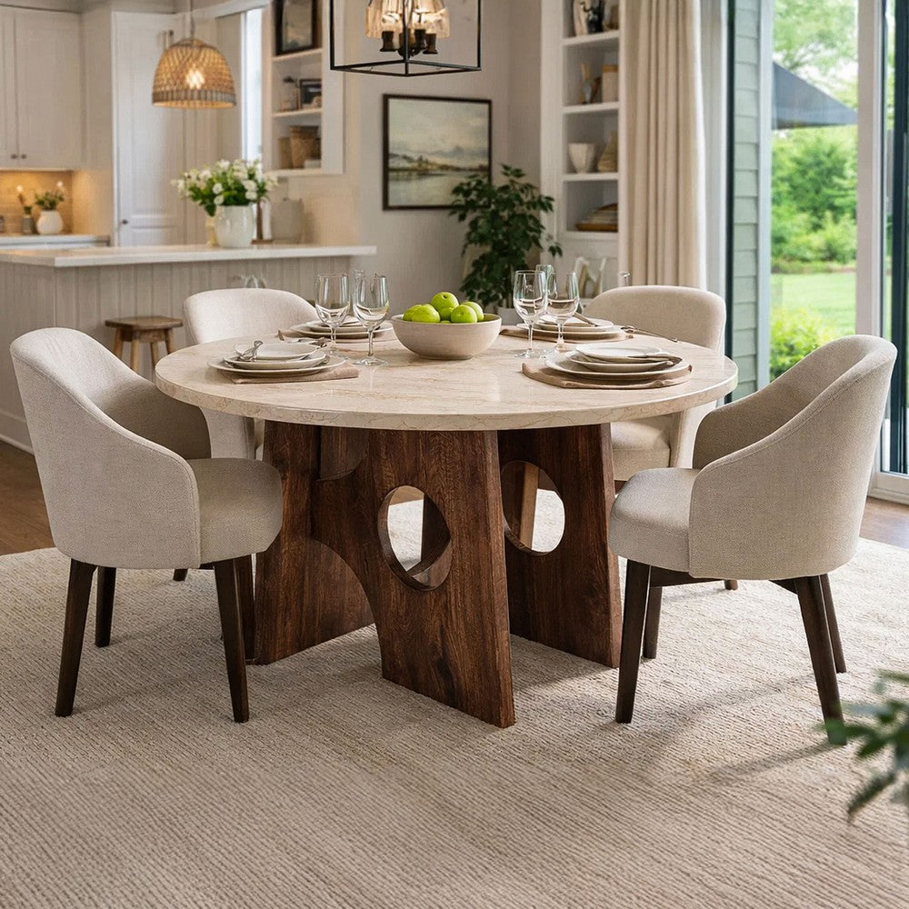 Tara Dining Table | 48 Inch Round Botticino Italian White Marble Top | Walnut Brown Artisan Base- UPT-332356