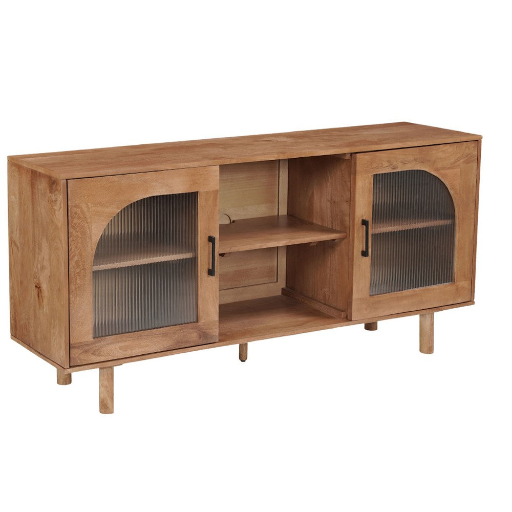 64 Inch James TV Stand Console, 2 Arch Glass Door Cabinets & Shelves, Walnut Brown Mango Wood - UPT-332357