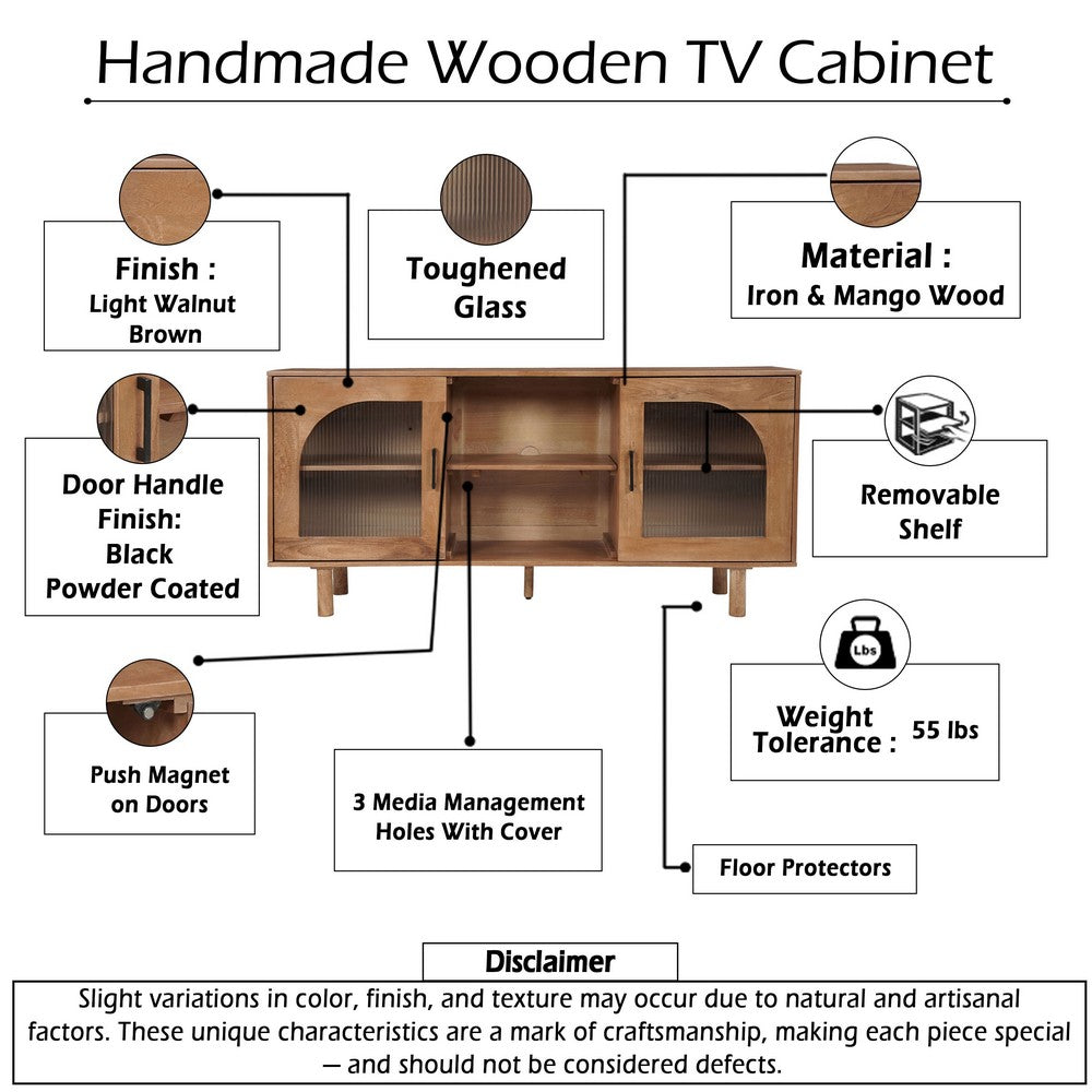 64 Inch James TV Stand Console, 2 Arch Glass Door Cabinets & Shelves, Walnut Brown Mango Wood - UPT-332357