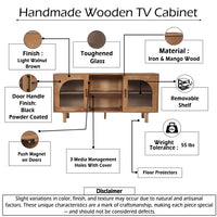 64 Inch James TV Stand Console, 2 Arch Glass Door Cabinets & Shelves, Walnut Brown Mango Wood - UPT-332357