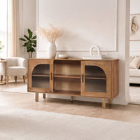64 Inch James TV Stand Console, 2 Arch Glass Door Cabinets & Shelves, Walnut Brown Mango Wood - UPT-332357